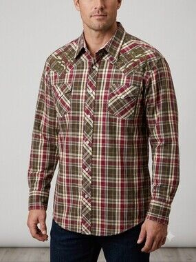 ​Roper Mens 2XL Plaid Pearl Snap Western Shirt Embroidered Yoke Red Brown